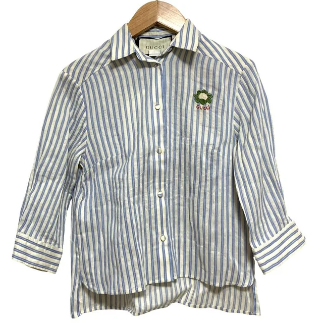 Gucci Michele Era Logo Embroidery Striped Pattern Linen Cotton Shirt Blouse 38 from The Reluxe