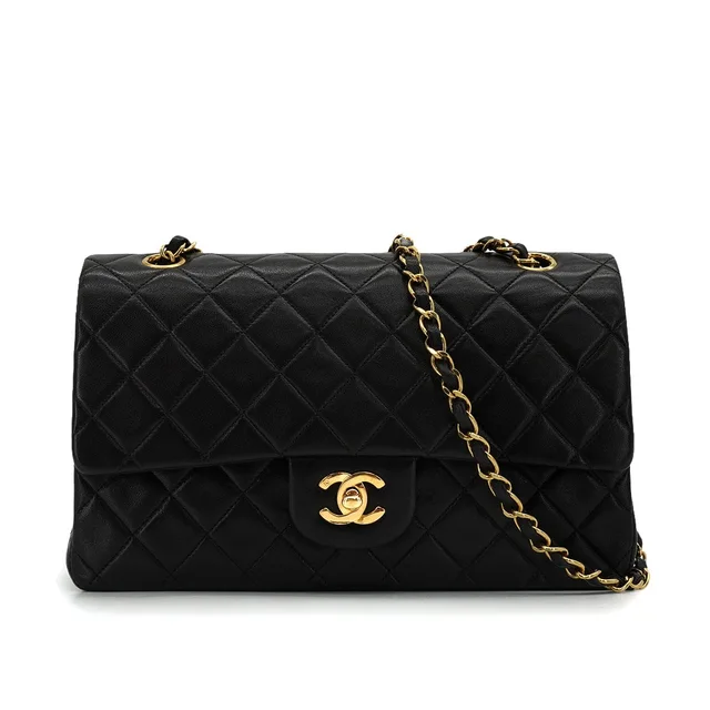 Chanel Vintage Classic Flap Medium Chain Shoulder Bag Black Lamb Skin Gold Hardware from Luxury Promise