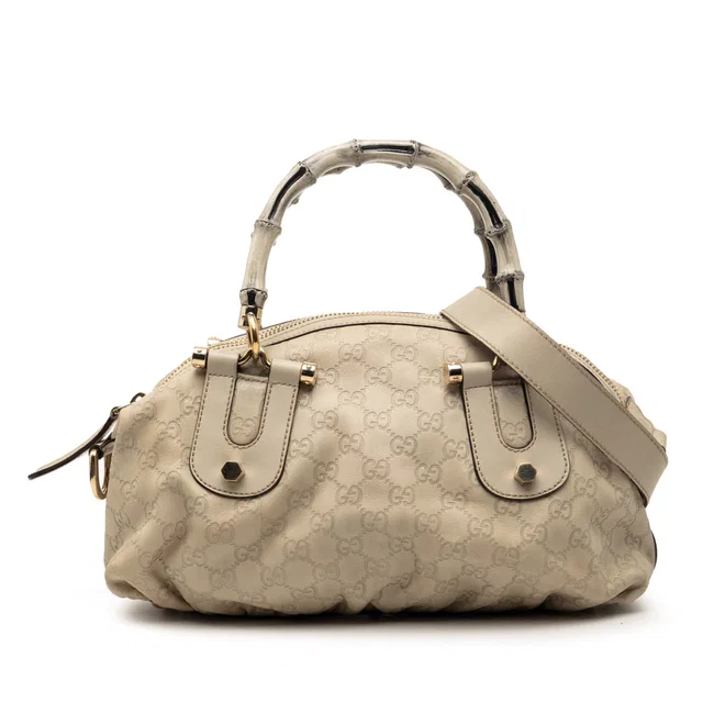 Beige Gucci Guccissima Bamboo Dialux Pop Satchel in Beige Leather from Designer Revival