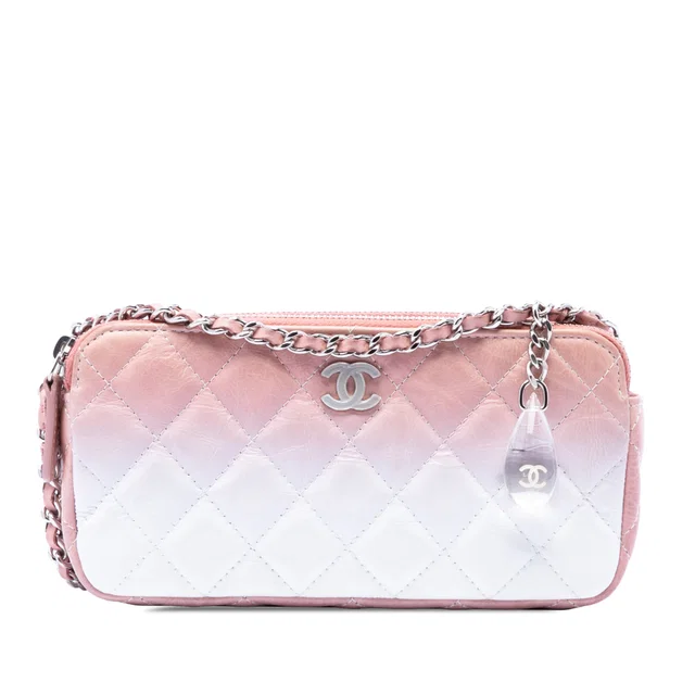 Pink Chanel Ombre Calfskin Double Zip Clutch On Chain Crossbody Bag in Pink Calfskin from Designer Revival