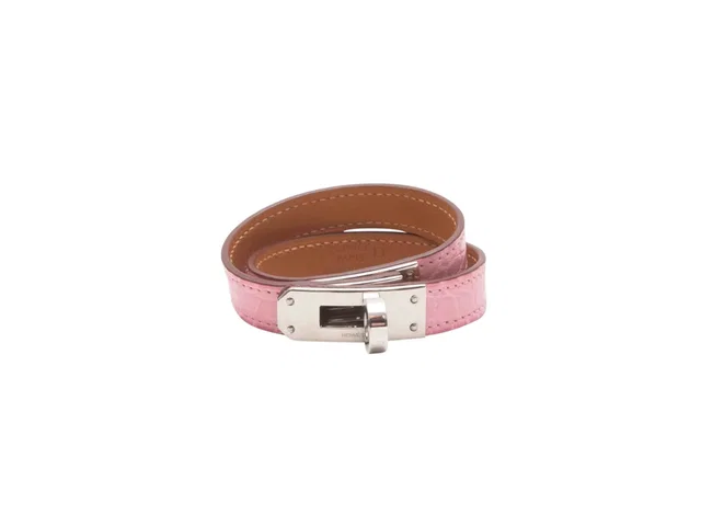 Pink Hermes Crocodile Mini Kelly Double Tour Bracelet in Pink Crocodile from Designer Revival
