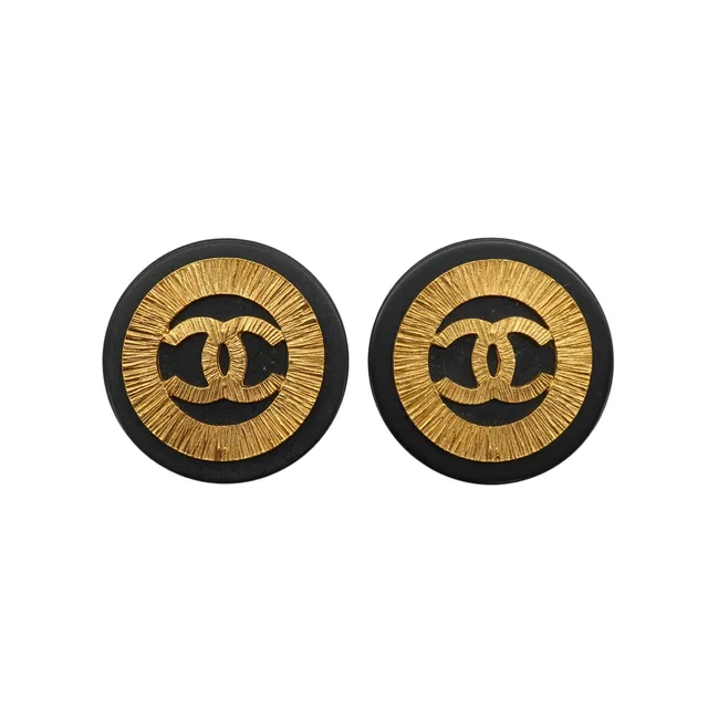 Chanel Vintage Earrings Round Cocomark Black Gold Accessory 28 in Black from Luxury Promise