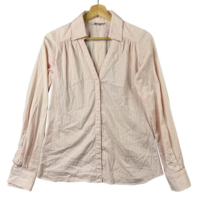 Loro Piana Womens Pink Striped Long Sleeve V-Neck Button Up Shirt Size 40 Cotton in white|pink Nylon from Poshmark