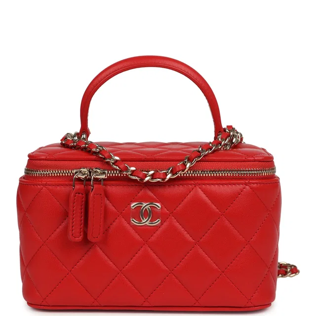 Chanel Small Classic Top Handle Vanity Case Red Lambskin Light Gold Hardware in Red Lambskin from Madison Avenue Couture