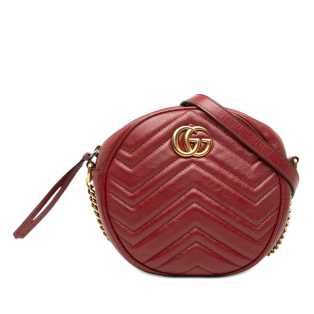 Red Gucci Mini GG Marmont Matelasse Leather Round Crossbody in Red Leather from Designer Revival