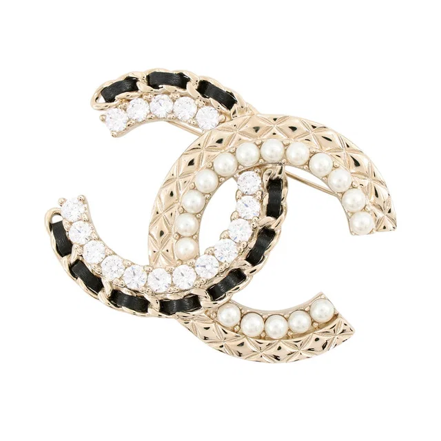 Chanel CC Logo Brooch Gold/BlackAB8609-B08593-NJ194 Gold Plated Lambskin Faux Pearl Rhinestone in Gold Lambskin from GALLERY RARE