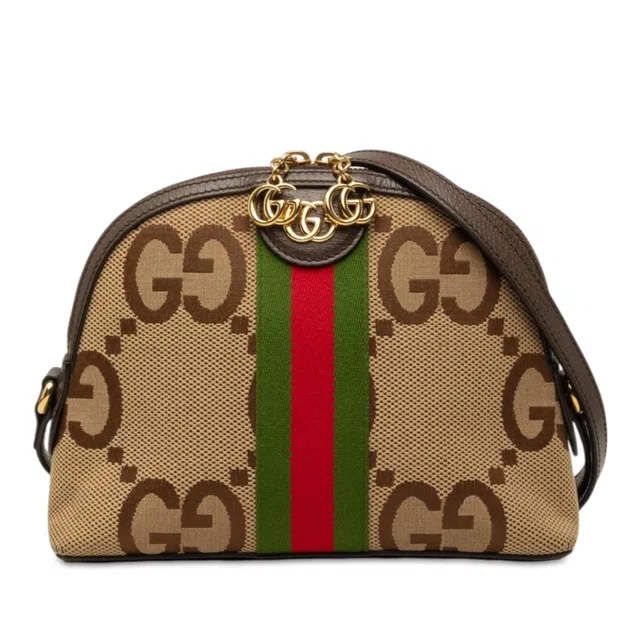 Beige Gucci Small Jumbo GG Canvas Web Ophidia Dome Crossbody in Beige Canvas from Designer Revival