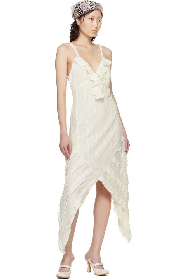 Anna Sui Off-White Floral Ruffle Stretch Lace Handkerchief Midi Dress, photo 4 of 4 from SSENSE