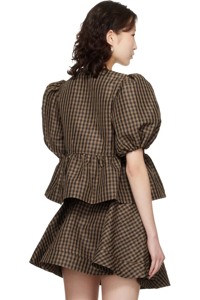 GANNI Brown Crinkled Check Blouse, photo 3 of 4 from SSENSE