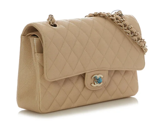 Chanel Medium/Large Iridescent Beige Quilted Caviar Classic Double Flap in Beige Caviar leather from Ann's Fabulous Finds, photo 6 of 10