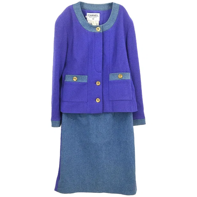 Chanel 1991 Setup Suit Denim Jacket Skirt Purple Blue #42 in Blue Denim from AMORE Vintage Tokyo
