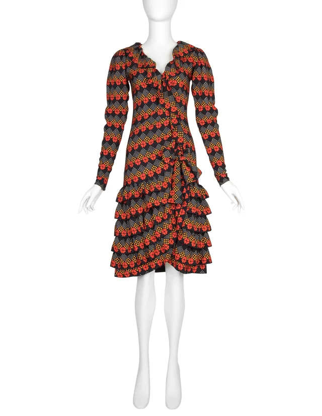 Saint Laurent Haute Couture Vintage AW 1971 Optical Floral Print Silk Ruffle Dress in Silk from Amarcord Vintage Fashion