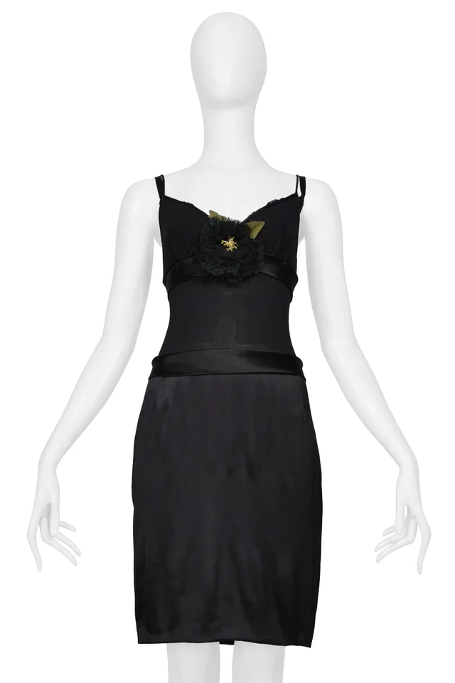 Dolce & Gabbana Black Satin Slip Dress With Flower in Black Satin from Resurrection Vintage