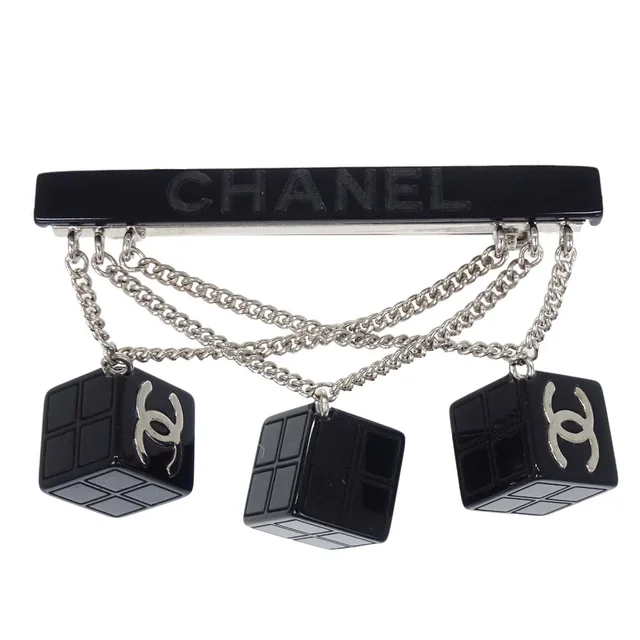 Chanel Dice CC Dangle Brooch Pin Silver Black Acrylic 04S in Black Resin from AMORE Vintage Tokyo
