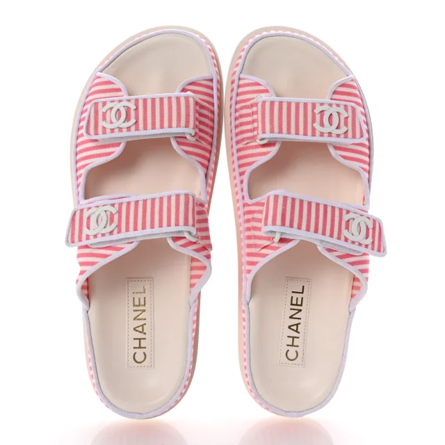 Chanel Printed Cotton Velcro Dad Flat Mules 41 White Pink in White from FASHIONPHILE, photo 2 of 10