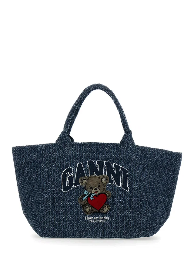 GANNI Teddy Bear Appliqué Tote Bag — Blue Cotton in Blue from HEWI