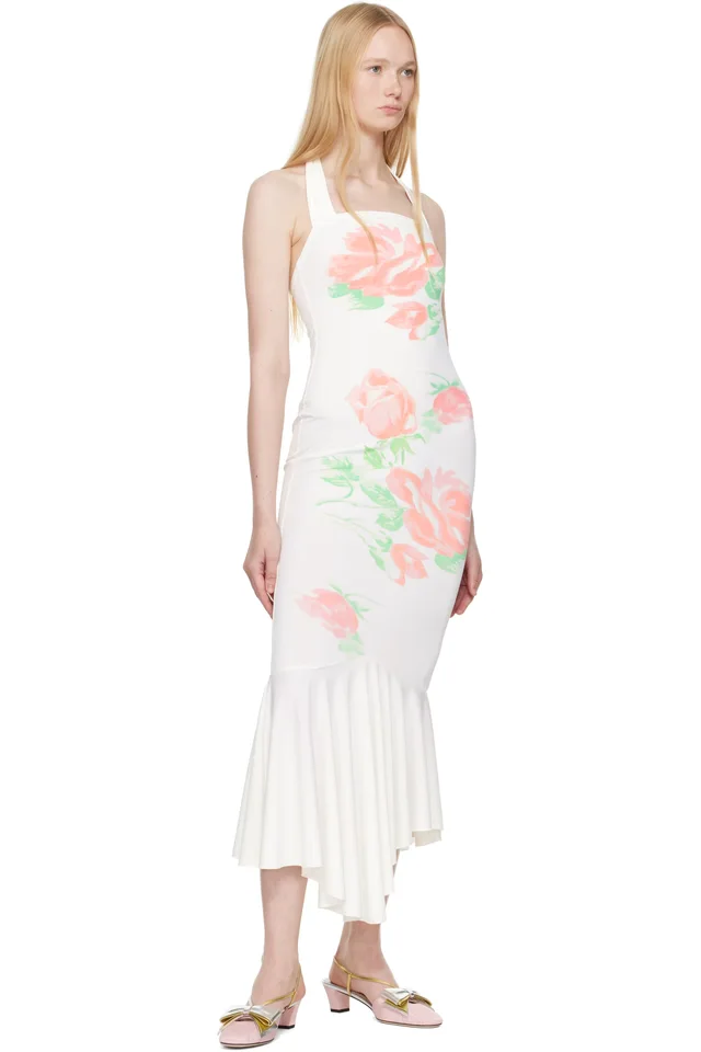 Yuhan Wang SSENSE Exclusive White Rose Printed Halterneck Midi Dress, photo 4 of 4 from SSENSE