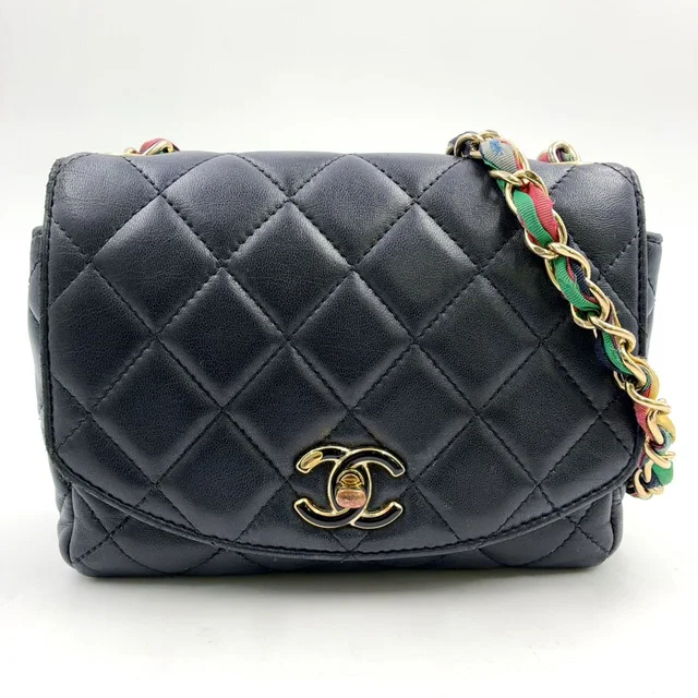 Chanel Quilted CC Logo Lambskin Black Multicolor Chain Shoulder Bag Gold in Black Lambskin from The Reluxe