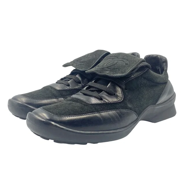 Chanel Sneakers Leather CC Logo Low-Cut Black Suede Junk in Black Suede from The Reluxe