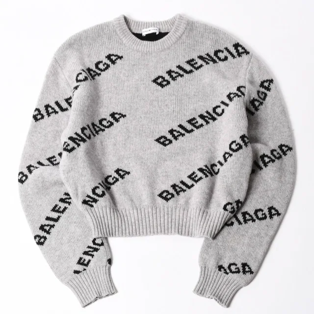 Balenciaga All Over Print Logo Crew Neck Knit Sweater Wool Gray Black in Black Wool from The Reluxe