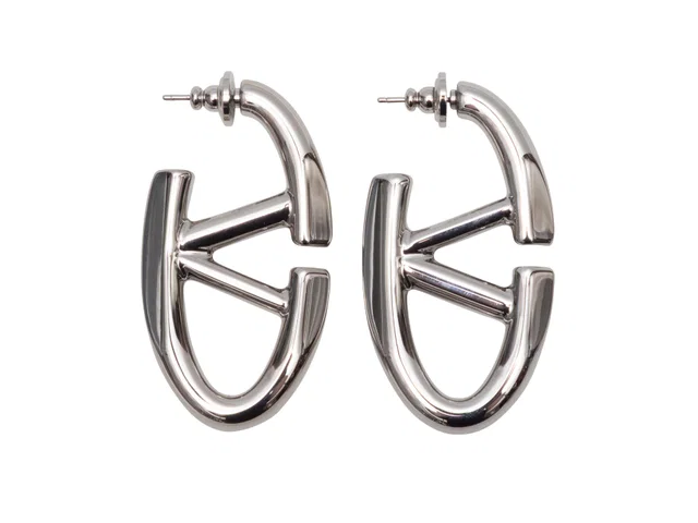 Silver Valentino Logo Hoop Earrings in Silver from Designer Revival
