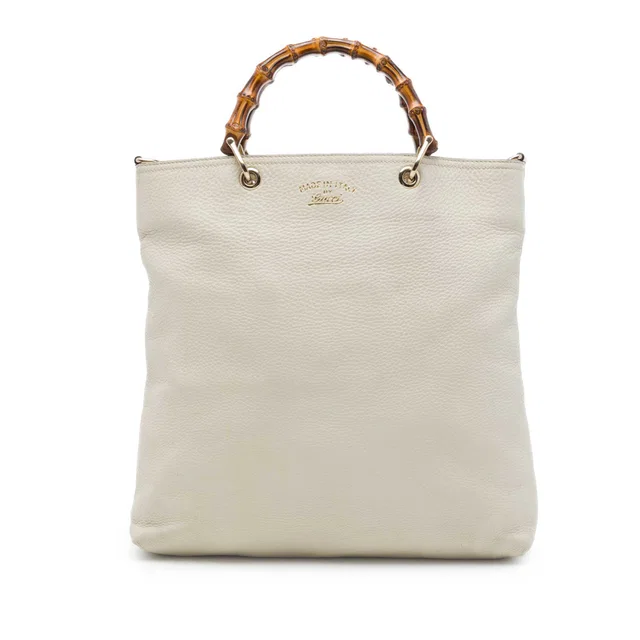 White Gucci Tall Calfskin Bamboo Shopper Tote Satchel in White Calfskin from Designer Revival