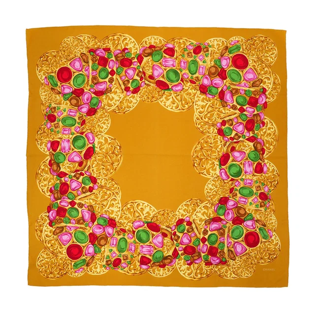 Chanel Vintage Gripoix Pattern Scarf Gold Multicolor Silk in Gold Silk from Luxury Promise
