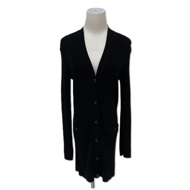 Chanel Black Ribbed Longline V-Neck Cardigan size 38 in Black from Luxury Promise