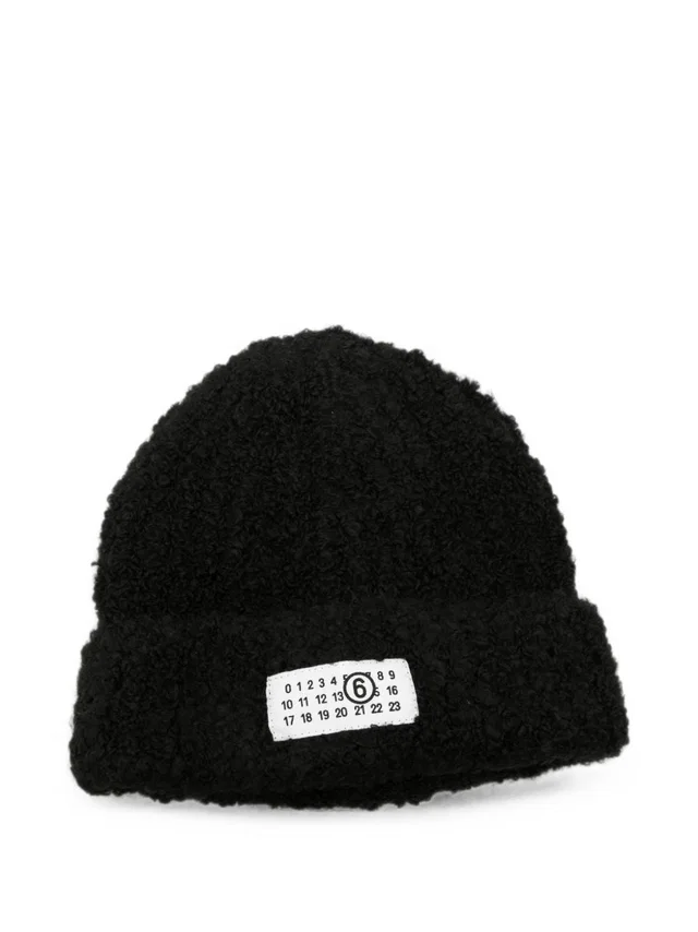 Maison Margiela Logo-Patch Knit Beanie — Black Beanies in Black Wool from HEWI