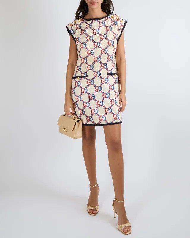 Gucci Cream Tweed Sleeveless Mini Dress with Red and Blue Logo Prints and Gold Logo Button Details… in White Tweed from Sellier
