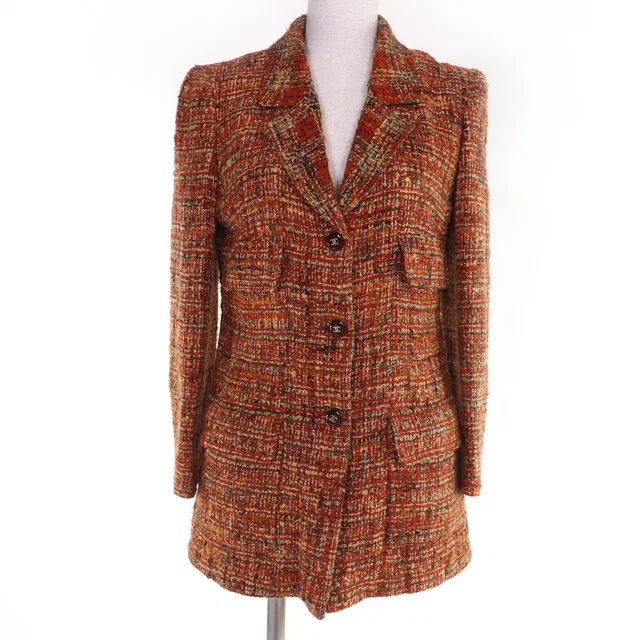 Chanel 98A Vintage Wool Coco Button Tweed Jacket Orange 36 in Orange Tweed from The Reluxe