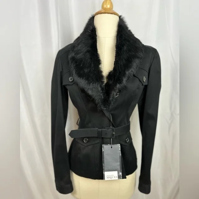 2005 Alexander Mcqueen Black Belted Jacket Rabbit Fur Collar It 40 in black from Poshmark