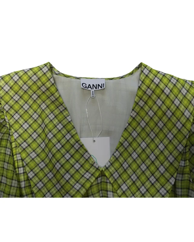 GANNI Wide Collar Smocked Mini Dress in Yellow Print Polyester in Yellow, photo 6 of 6 from ShopSimon