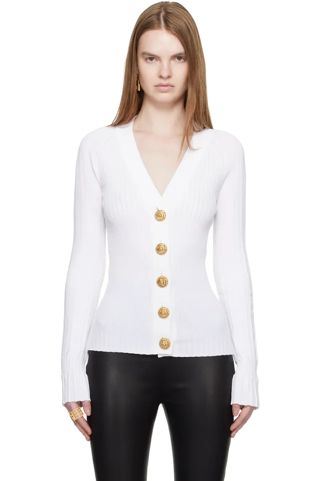 BALMAIN White Buttoned V-Neck Light Knit Cardigan, image 1 of 1 from SSENSE