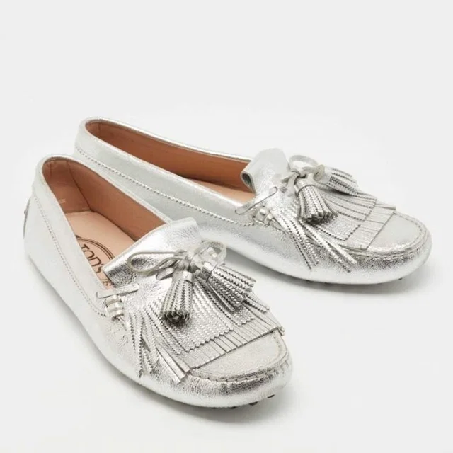 Tod's Metallic Silver Leather Tassel Slip On Driving Moccasins Loafers Size 37.5 in silver|gray Leather from Poshmark