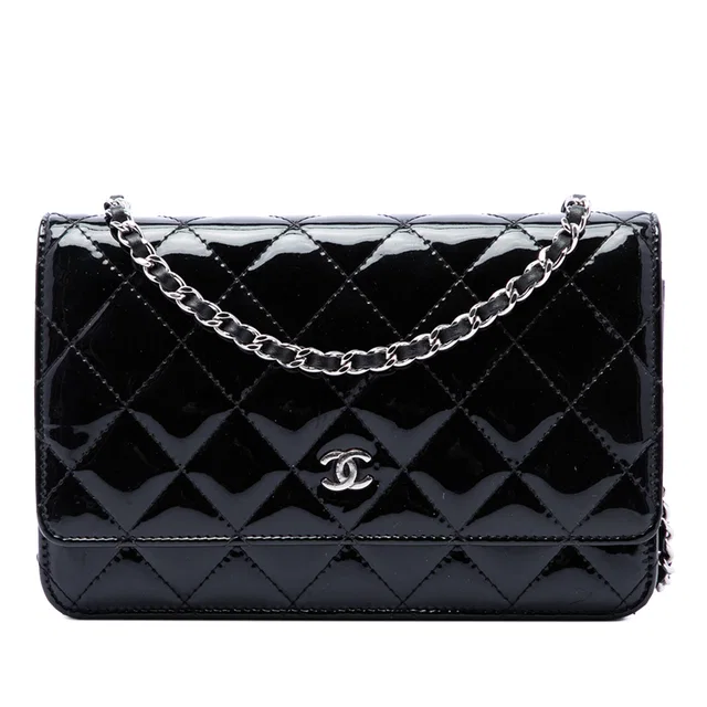 Black Chanel CC Quilted Patent Wallet On Chain Crossbody Bag in Black Patent leather from Designer Revival
