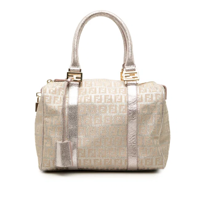 Pink Fendi Small Zucchino Metallic Canvas Forever Bauletto Boston Bag in Pink Canvas from Designer Revival
