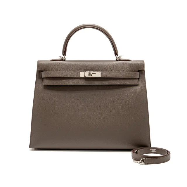 Hermès Kelly 35 Epsom Gris Etain SHW Stamp Square Q in Taupe Epsom leather from EMIER