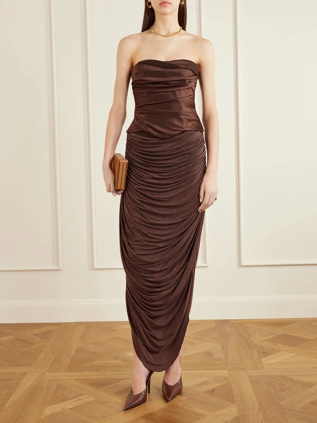 DANIELLE FRANKEL Vivienne gathered stretch satin-jersey midi skirt in Brown, photo 2 of 2 from NET-A-PORTER (Canada)