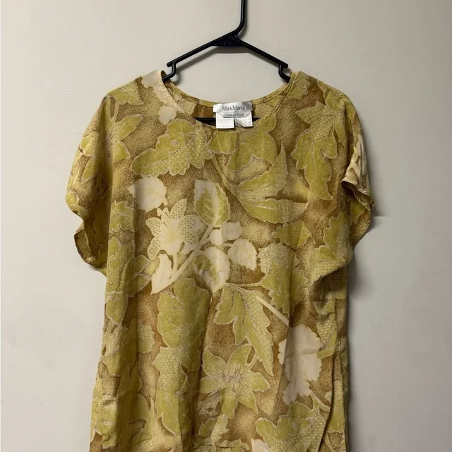 Max Mara Green And Cream Floral Short-Sleeve Blouse in yellow from Poshmark