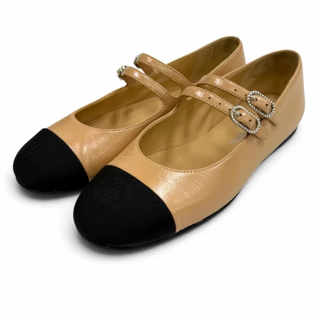Chanel CC Logo Mary Jane Leather Flat Pumps Beige Black in Black Leather from The Reluxe