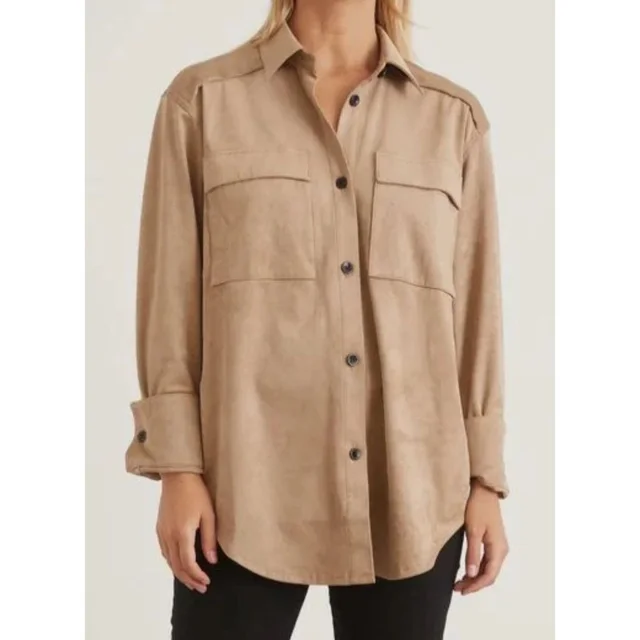 Proenza Schouler White Label Faux Suede Button Down Beige Sz 2 (Small) in brown|red Suede from Poshmark