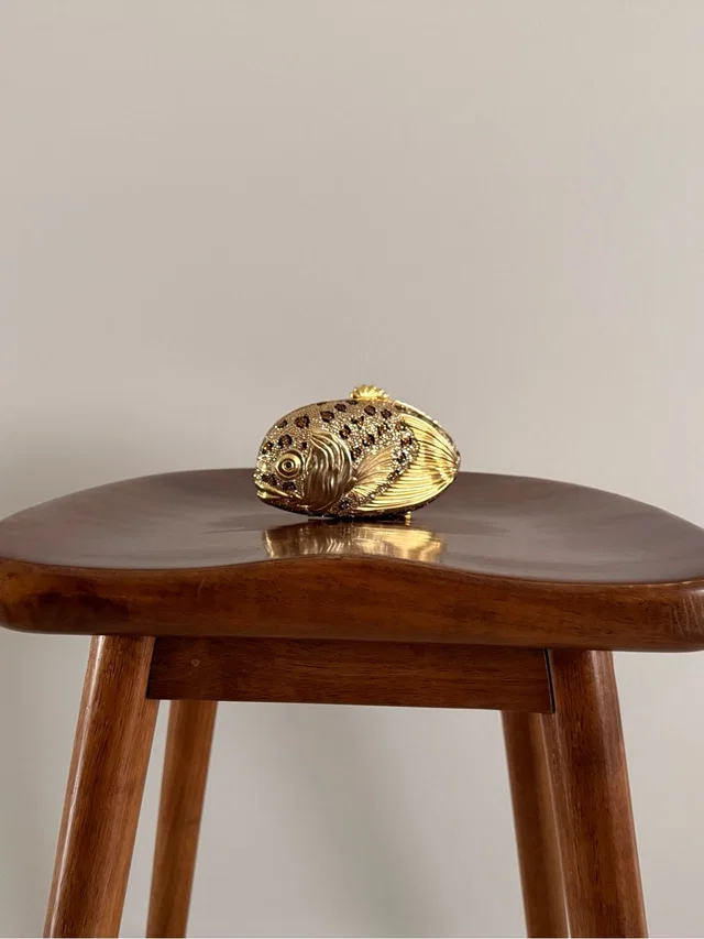 Judith Leiber Vintage Leopard Print Swarovski Crystal Fish Minaudire in gold|red|brown Leather from Poshmark, photo 1 of 1