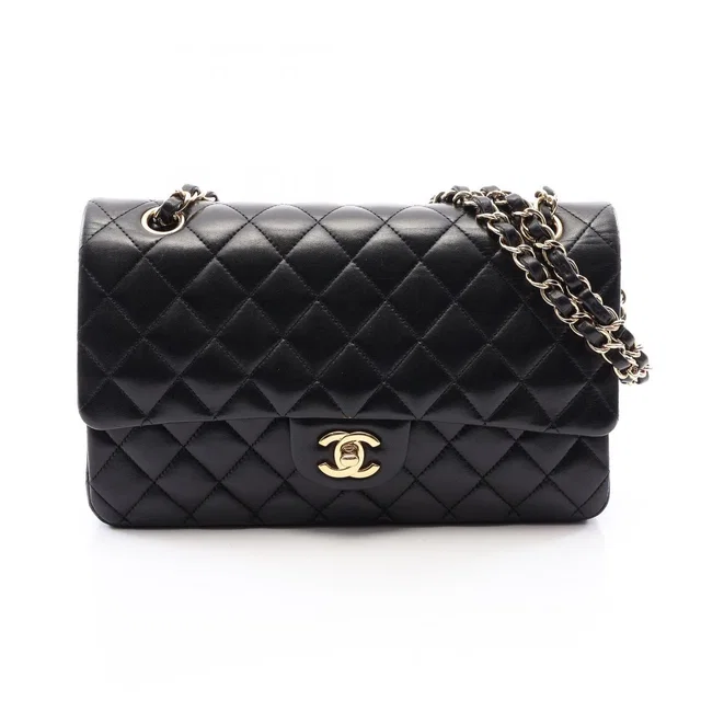 Chanel Shoulder Bag Quilted Double Flap Black Lambskin Chain in Black Lambskin from The Reluxe