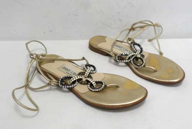 Jimmy Choo Crystal Embellished Flat Sandals Size: 2.5 in Gold Leather from Oxfam Online Shop