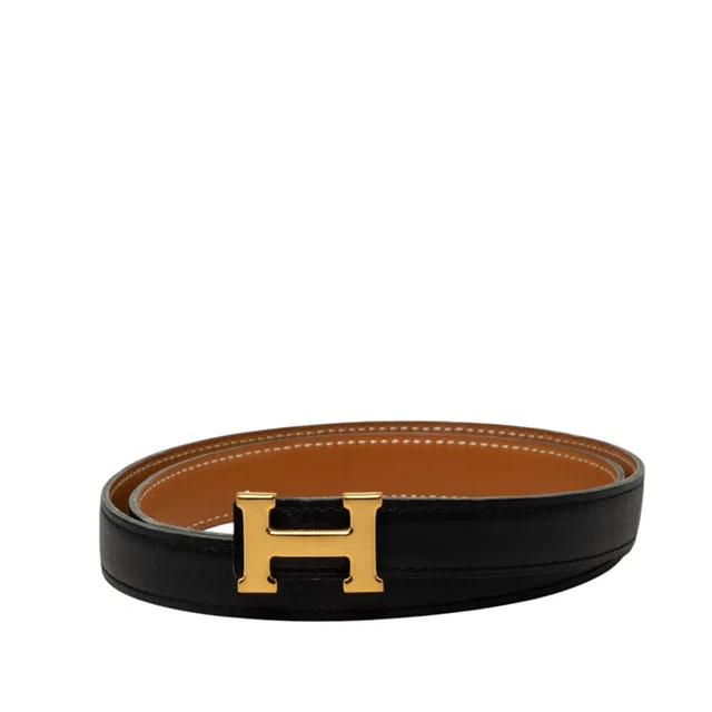 Black Hermès Box Calf and Courchevel Constance H Reversible Belt in Black Box leather from Designer Revival