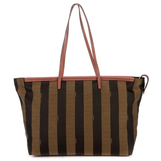Fendi Ann Zip Tote Bag Pink Brown Calfskin with Pequin Striped Canvas in Brown Calfskin from The Reluxe