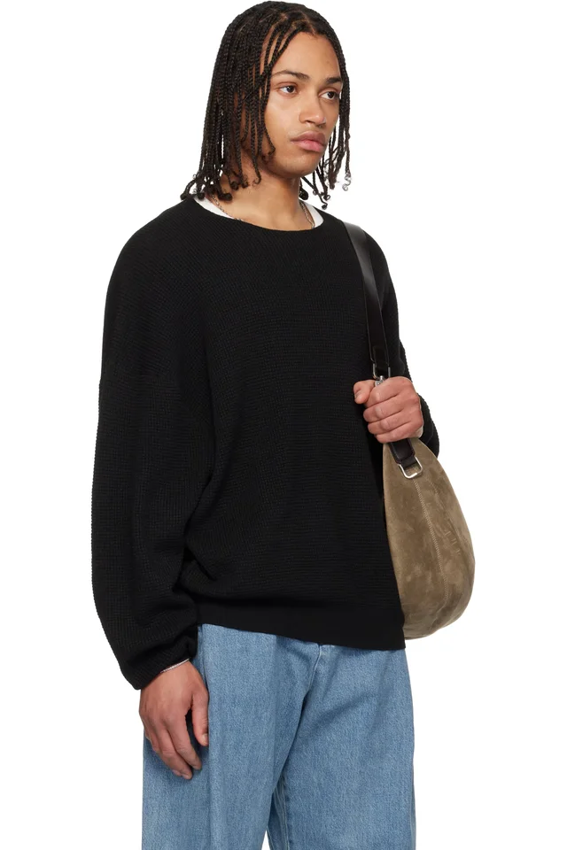 Fear of God ESSENTIALS Black Signature Waffle 90s Crewneck Sweater, photo 2 of 4 from SSENSE