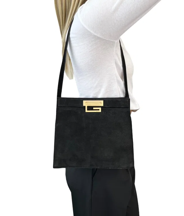 Gucci Vintage G Square Logo Shoulder Bag Handbag Black Gold Suede Leather in Black Suede from Luxury Promise