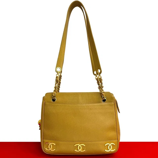 Chanel Vintage Triple Coco Caviar Leather Chain Tote Bag Beige in Beige Caviar leather from The Reluxe